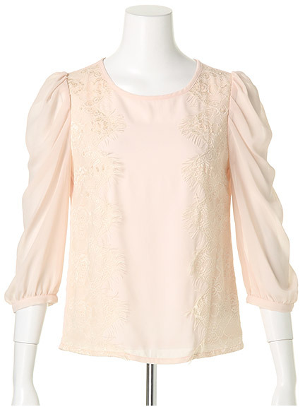 BE RADIANCE ビーズ付きアイラッシュレースシフォンブラウス